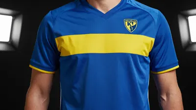 A photorealistic image of an anonymous KV Mechelen player, wearing the new home shirt with a broad yellow stripe on the...