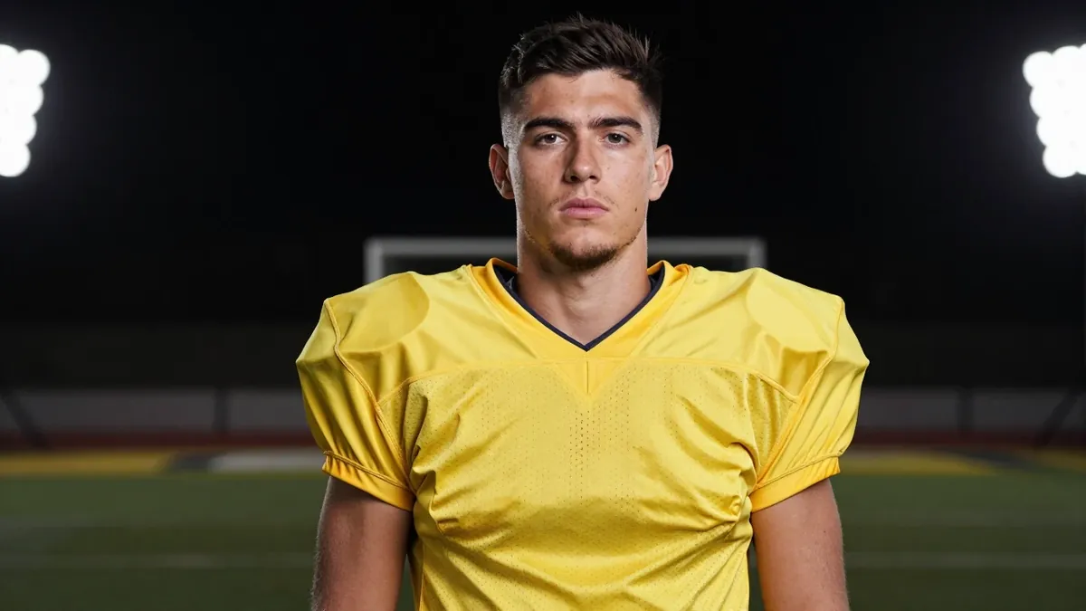 Waist-up portrait of a young, dark-haired, athletic male football player in a solid yellow jersey