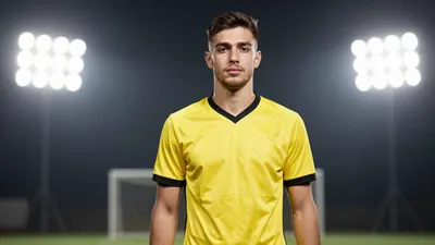 A 23-year-old central defender with a strong build, wearing a yellow and black jersey with a smooth, unbroken fabric...
