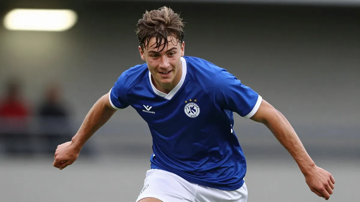 A photorealistic image of an anonymous 18-year-old KV Mechelen player with a messy, sweaty hairdo, wearing a blue and...