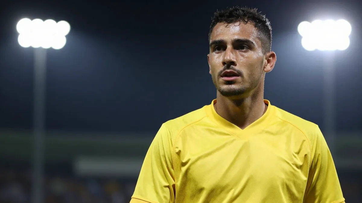 A 25-35 year old male football player, wearing a solid yellow jersey, photographed with a 85mm f/1.4 lens, during a...