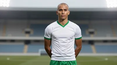 A 21-year-old, dark-skinned, athletic, male footballer with a shaved head, wearing a white jersey with a green collar and...